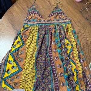 Novella Royale Patchwork Floral Halter Dress in Mustard, Teal & Burgundy